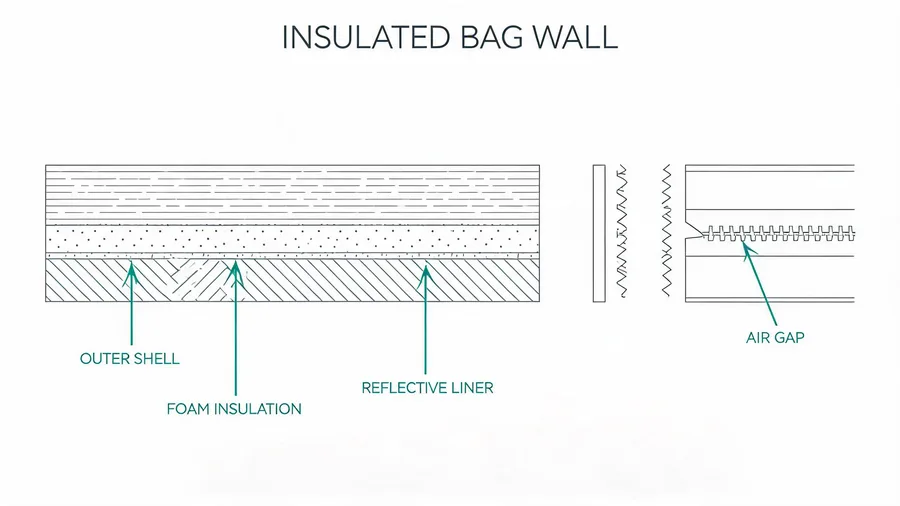 Insulated grocery bag construction diagram showing foam, liner and closure layers