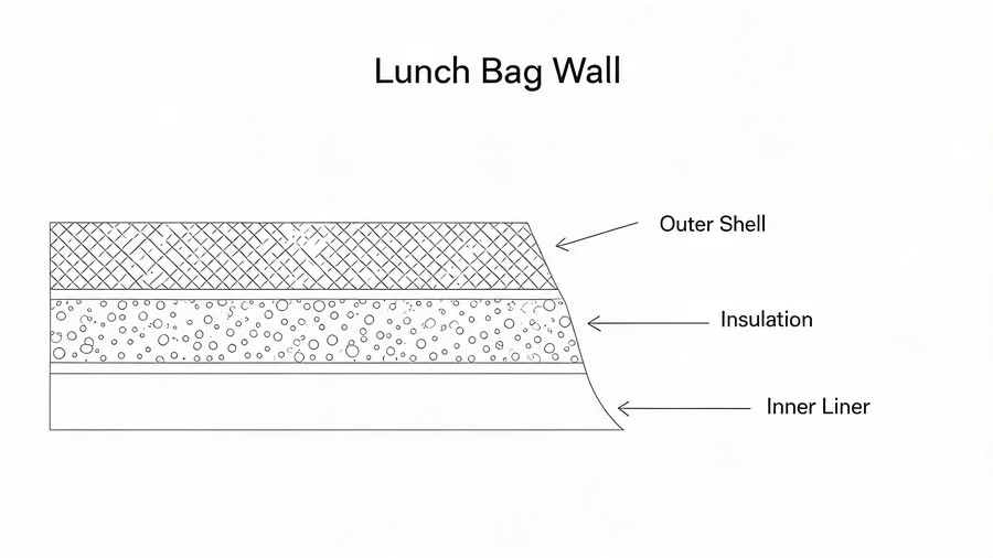 Insulated lunch bag cross-section showing shell, foam and liner layers