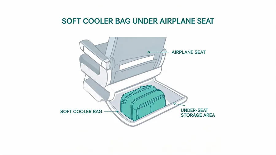 Soft cooler bag placed under an airplane seat as an underseat personal item