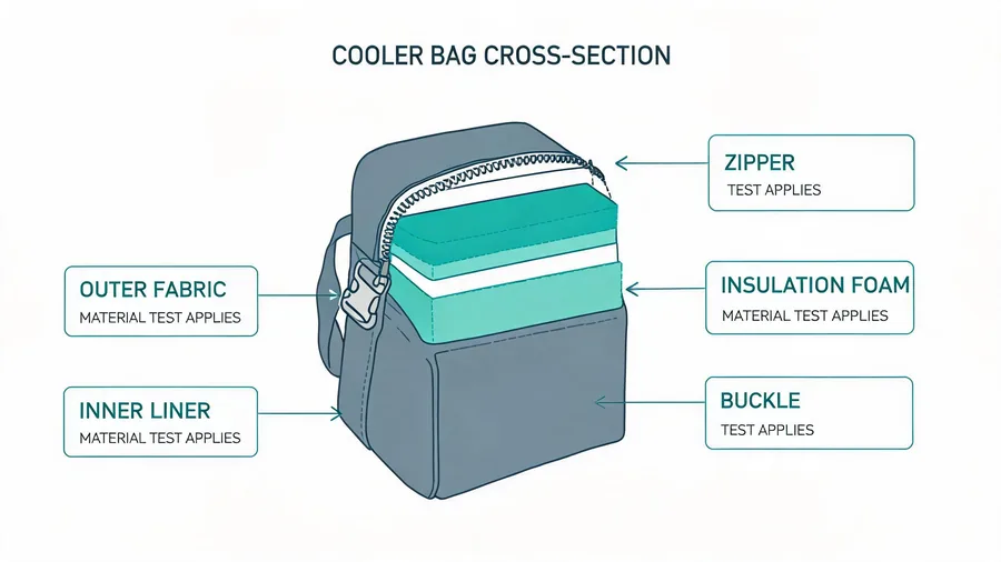 Cooler bag material testing diagram showing cross-section components