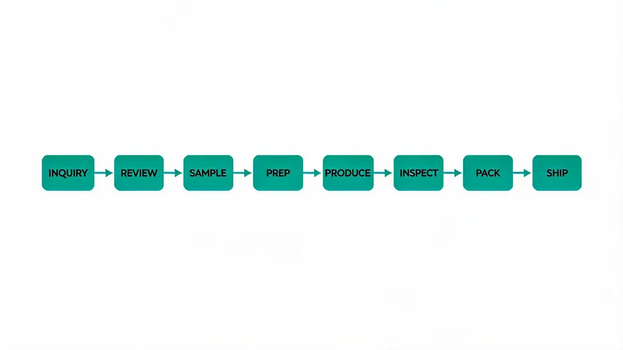 Diagram of the eight-step OEM process for custom insulated delivery bags from inquiry to shipment