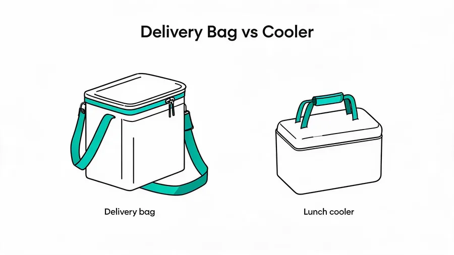 Commercial insulated food delivery bag with shoulder strap next to a small consumer lunch cooler
