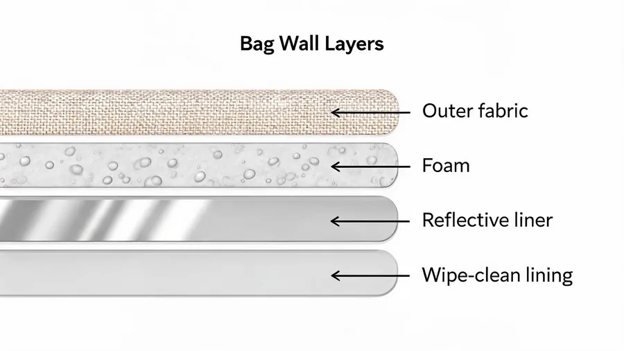 Insulated food delivery bag wall layers: outer fabric, foam, reflective liner, wipe-clean lining