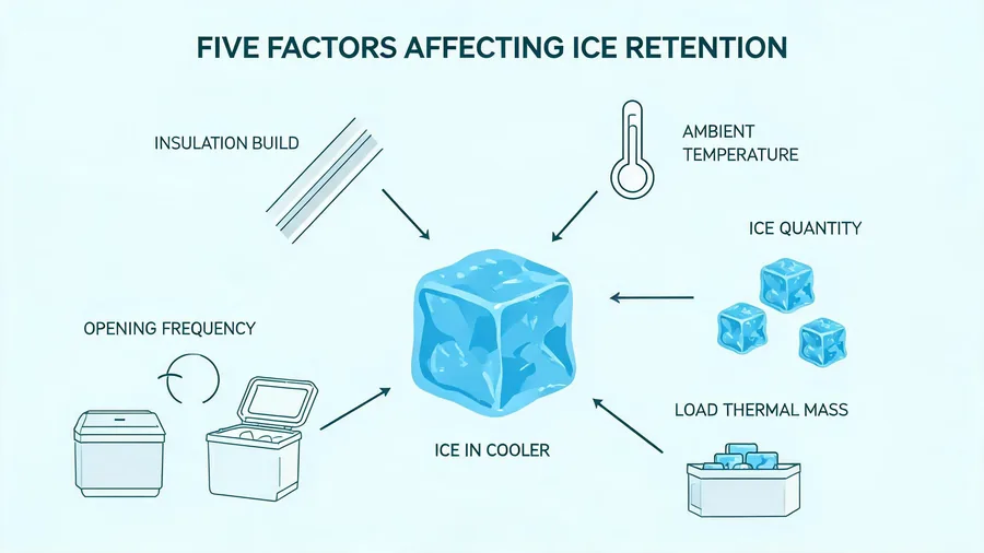 Diagram of five factors affecting how long ice lasts in a cooler