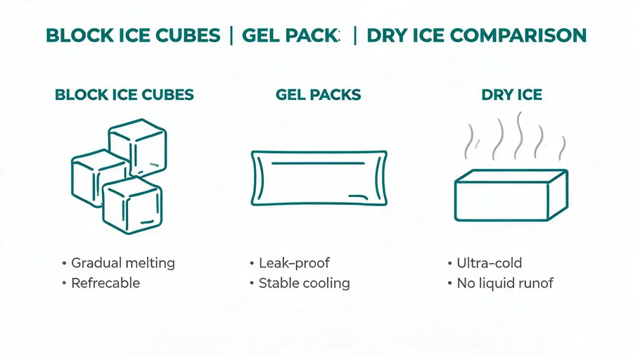 Block ice, cubed ice, gel packs, and dry ice compared for cooler use