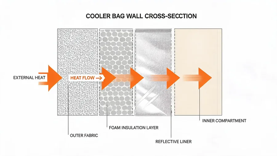 Cross-section diagram showing thermal layer stack in a cooler bag