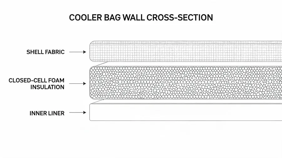 Cross-section diagram of cooler bag wall showing continuous foam insulation layer