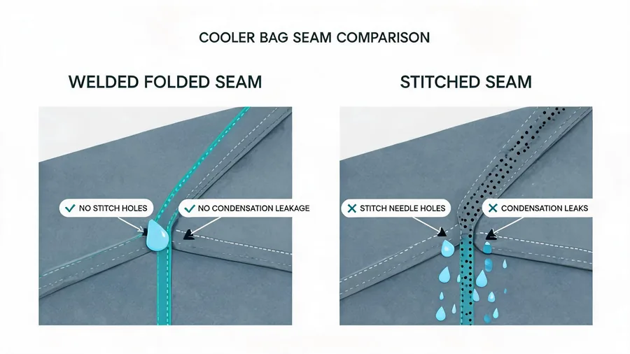 Diagram comparing welded seam vs stitched seam in cooler bag liner