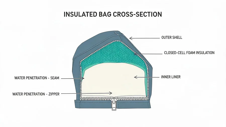 Cross-section diagram showing water penetration points in an insulated bag