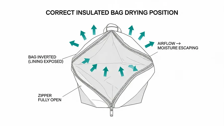Diagram showing proper drying position for insulated bag to prevent mold