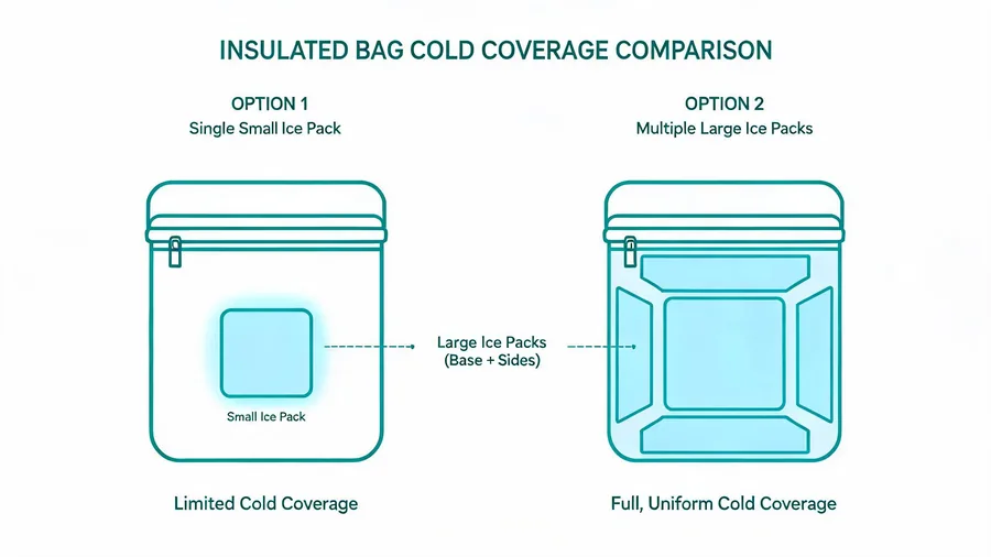 Comparison diagram showing too little versus enough refrigerant mass in an insulated bag