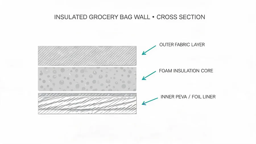 Cross-section diagram of insulated grocery bag material layers and thermal system