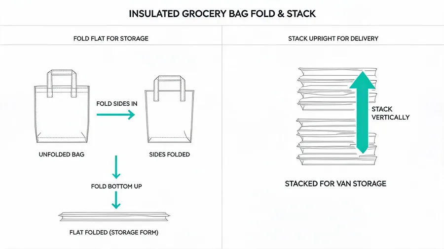 Diagram showing folding and stacking methods for insulated grocery bags in delivery vans