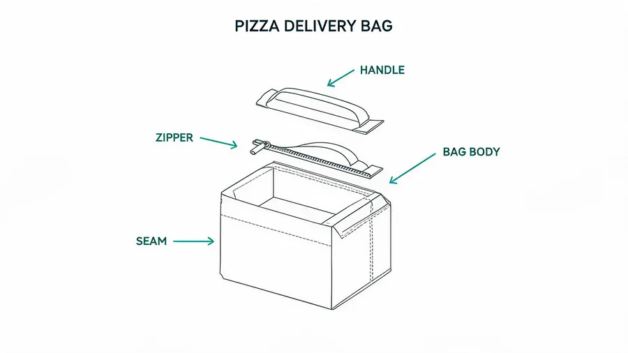 Exploded view of pizza delivery bag components prone to failure