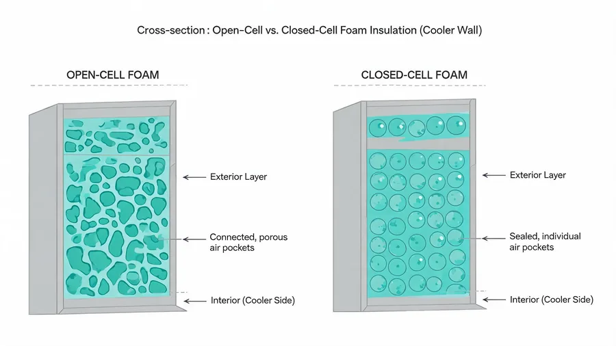 Cross-section comparing open-cell and closed-cell foam insulation in cooler walls