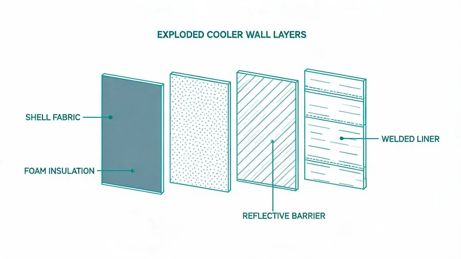 Exploded view of cooler wall layers including reflective barrier and liner